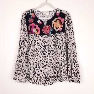 Savanna Jane floral embroidered leopard print bell sleeve top flowy peasant boho